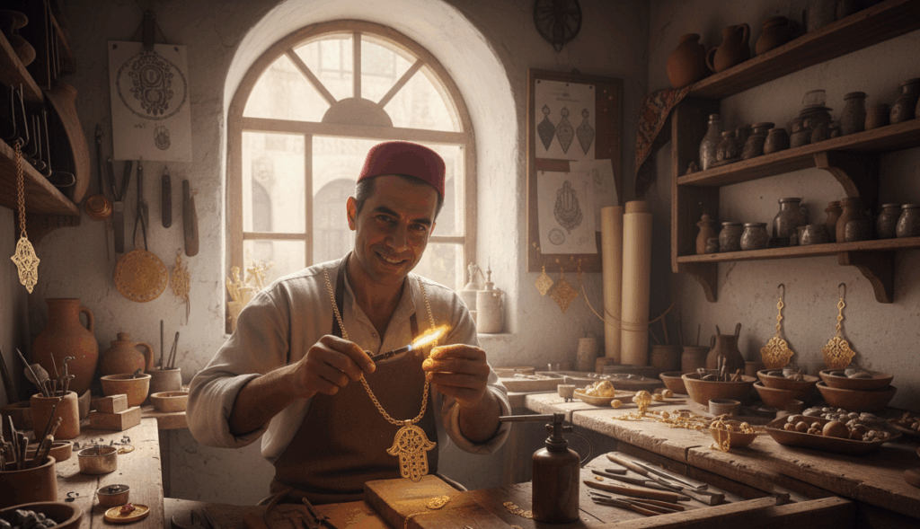 Tunisian jewelry artisan crafting a golden khomsa